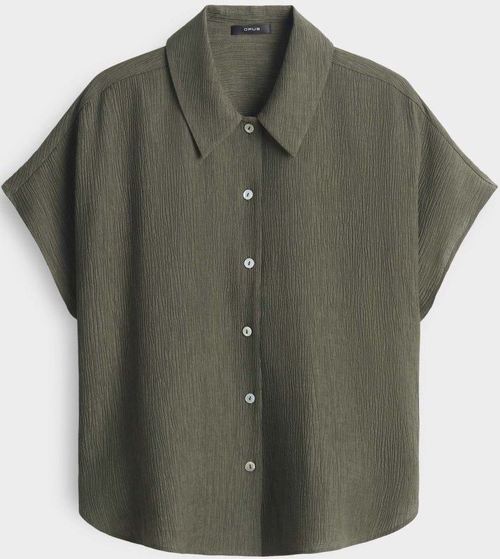 Opus - Blouse - Donkergroen - Korte Aangesneden Mouwen - Elegante Kreukstructuur