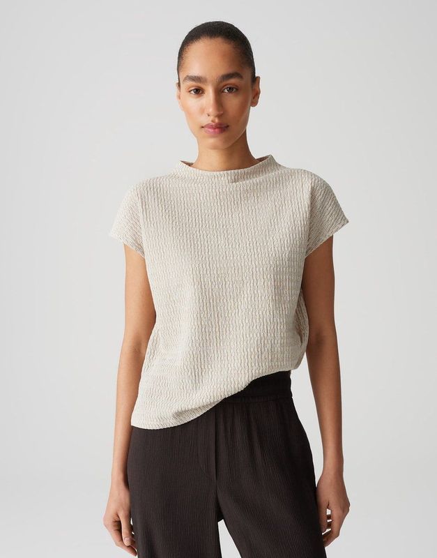 Opus - T-shirt - Beige - Gestructureerde Stof - Korte Mouwen