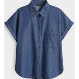 Opus - Blouse - Blauw - Korte Mouwen - Katoen- en Linnenmix - Denimlook