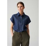 Opus - Blouse - Blauw - Korte Mouwen - Katoen- en Linnenmix - Denimlook