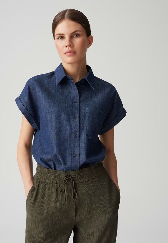 Opus - Blouse - Blauw - Korte Mouwen - Katoen- en Linnenmix - Denimlook