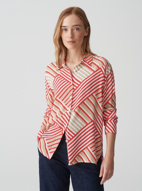 Blouse - Beige-Rood Gestreept - Katoen