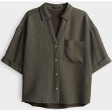 Opus - Blouse - Olijfgroen - Gestreepte Structuur - V-hals - Halflange Mouwen