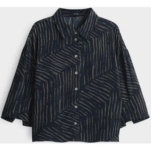 Opus - Blouse - Donkerblauw - Abstracte Strepenprint - 3/4 Mouwen