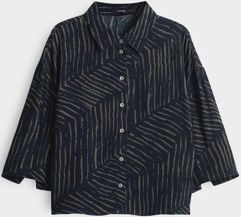 Opus - Blouse - Donkerblauw - Abstracte Strepenprint - 3/4 Mouwen