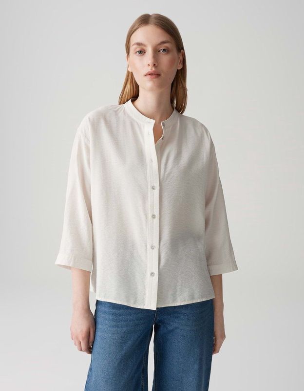 Opus - Lichtbeige Blouse - 3/4 Mouwen - Verfijnde Kreukstructuur