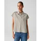 Opus - Blouse - Ecru - Zonder Mouwen - Korte Losse Fit - Olijfgroene Strepen