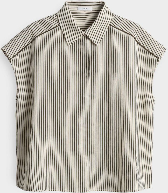 Opus - Blouse - Ecru - Zonder Mouwen - Korte Losse Fit - Olijfgroene Strepen