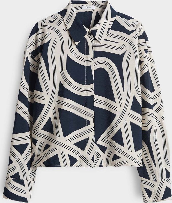 Opus - Blouse - Lichtbeige - Grafische Donkerblauwe Print