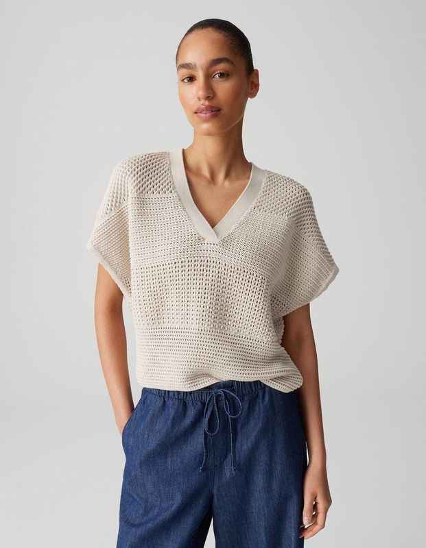 Opus - Gebreide Trui - Beige - Korte Mouwen