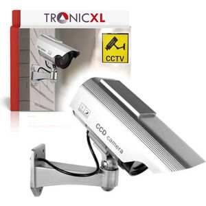 TronicXL 2 stuks Dummy Premium Solar Camera, met knipperende led, zilver, CCTV - CCD-bewakingscamera, nep, voor binnen en buiten, inclusief waarschuwingssticker – Zonnepaneel – beveiligingscamera – replica cam