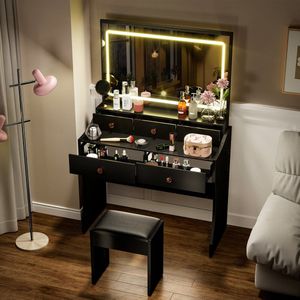 Kaptafel met verlichte spiegel, 3-kleuren touchscreen, dimbaar, 2 lades, kaptafel met elegante fauteuils Make-up kaptafel (beige 80 cm/31,5 inch