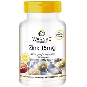 Zink 15 mg - 250 tabletten voor 250 dagen, organische vorm als zinkgluconaat, sporenelement, veganistisch | Warnke Vitalstoffe - Duitse apothekerskwalitei