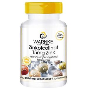 Zinktabletten - 15mg zink per tablet - hoge dosering & veganistisch - zinkpicolinaat - 60 tabletten | Warnke Vitalstoffe - Duitse apothekerskwalitei