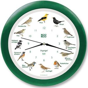 KOOKOO Groene zingende vogel klok met 12 lokale zangvogels en echte natuurlijke vogelgezang, met RC radiogestuurd kwartsuurwerk