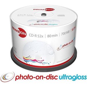 Primeon 2761109 CD-R 80 disc 700 MB 50 stuk(s) Spindel Bedrukbaar, Hoogglans opppervlak, Watervast, Onuitwisbaar
