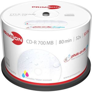 Primeon 2761109 CD-R 80 Disc 700 MB 50 Stuk(s) Spindel Bedrukbaa - Hoogglans Opppervla - Watervas