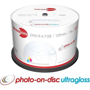 PRIMEON DVD-R 4,7 GB/120 min/16 x Cakebox (50 Disc), foto-on disc uldrass oppervlak, waterbestendige inkjet fullsize printtable