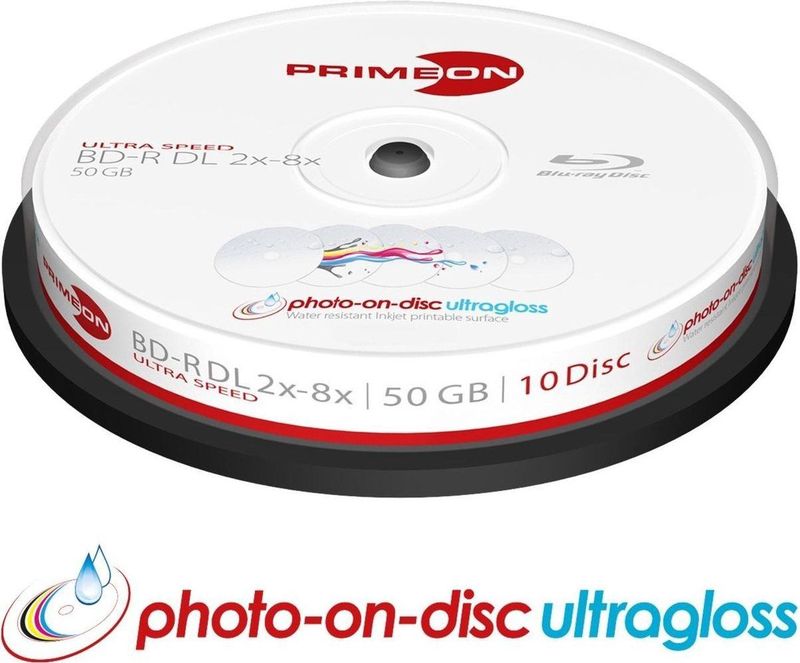 Primeon - BD-R DL - 50GB - 8x - Cakebox 10 Stuks - Glossy Waterproof Printable