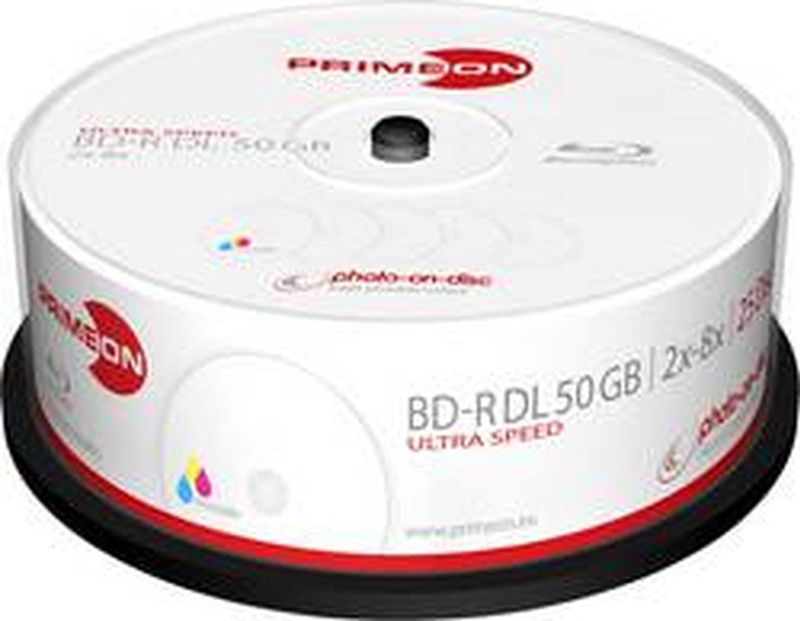 Primeon BD-R DL 50GB/2-8x Cakebox (25 Disc) Photo-on-disc, Inkjet Full Size Printable Surface