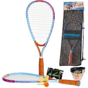 Speedminton FUN set - twee kleine lichtgewicht rackets - twee HELI Speeders - twee speedlights - in handige draagtas - lichtblauw/oranje