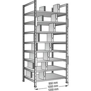 Ordner- en archief-inhaakstelling, verzinkt, hoogte 3000 mm, dubbelzijdig, legbord-b x d = 1000 x 600 mm, basisstelling