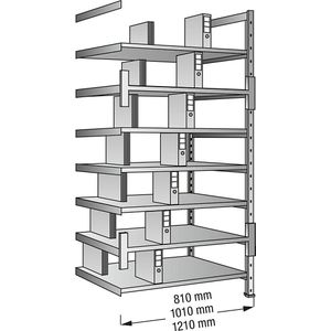 Ordner- en archief-inhaakstelling, verzinkt, hoogte 2640 mm, dubbelzijdig, legbord-b x d = 1200 x 600 mm, aanbouwstelling