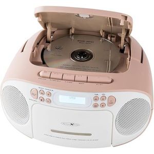 Reflexion CD-speler met cassette en DAB-radio voor netvoeding en batterijen (PLL FM-radio, DAB+, LCD-display, AUX-ingang, hoofdtelefoonaansluiting) wit/roze