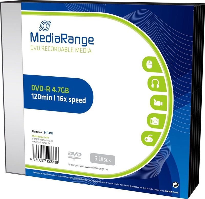 MediaRange - MR418 - DVD-R - 4,7 GB - 16x - 5 Stuks - Slimcase