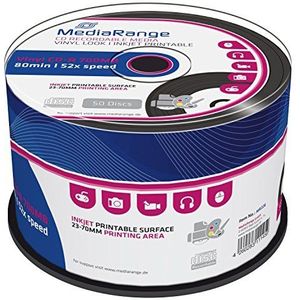 MediaRange Vinyl CD-R 700MB|80min 52x schrijfsnelheid, bedrukbaar (inkjetprinter), zwarte schrijfpagina, 50 stuks cakebox