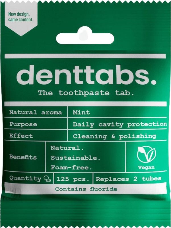 Denttabs tandpastatabletten Mint met fluoride - 125 stuks - vegan - plasticvrij
