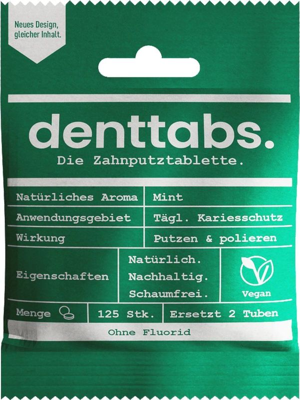 Denttabs Natural Toothpaste Tablets without Fluoride tandpasta zonder fluoride in tabletten Mint 125 tbl
