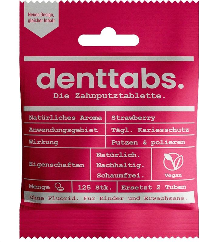 Denttabs tandpastatabletten met aardbeiensmaak - met fluor- 125 stuks - vegan - plasticvrij