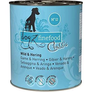 dogz finefood N° 12 Wild & Haring Hondenvoer, natvoer voor honden en puppy's, graanvrij en suikervrij, hoog vleesgehalte, blik van 6 x 800 g