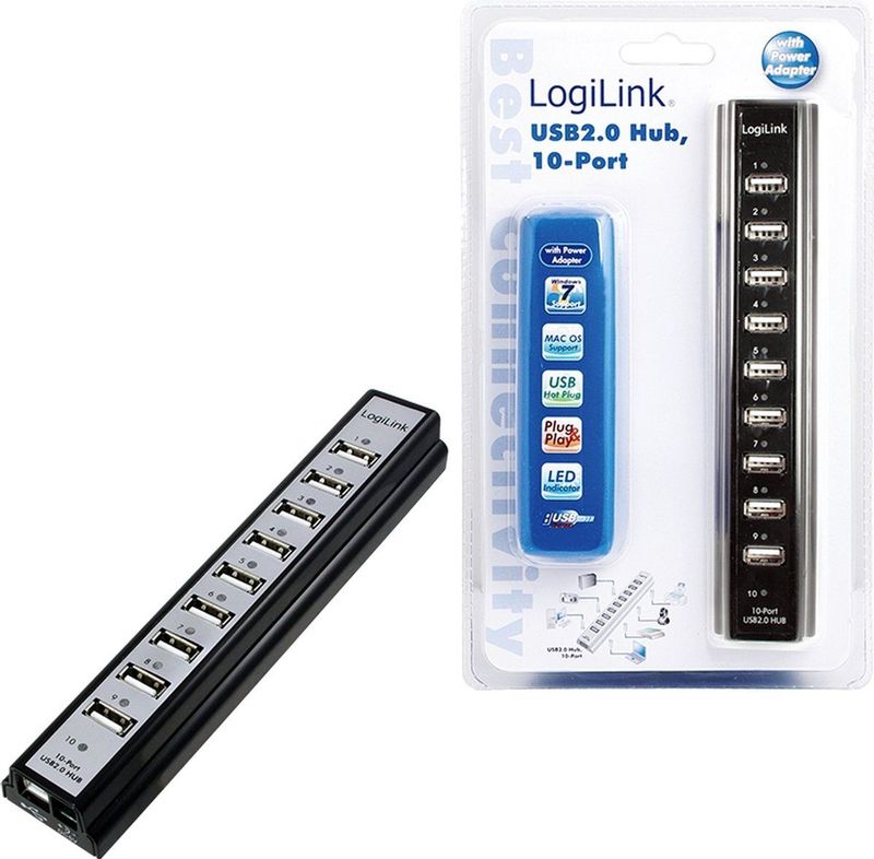 LogiLink UA0096 USB 2.0 Hub - 10 Poorten - Zwart