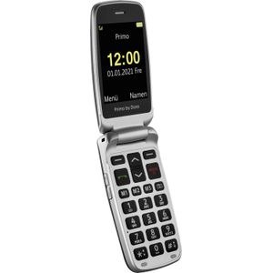 Doro Primo 408 by mobiele telefoon met groot kleurendisplay, verlicht toetsenbord, noodoproepknop, valsensor, camera, zaklamp, alarmfunctie, incl. tafellaadstation, 360092, grijs