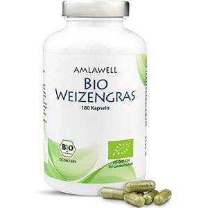 AMLAWELL Biologische tarwegras-capsules, glutenvrij, met waardevolle vitaminen, sporenelementen, mineralen, 180 stuks