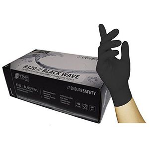 Nitras 8320 BLACK WAVE niet-steriel, medische, voedselveilige nitril-wegwerphandschoenen, zwart, poedervrij en latexvrij, 100 stuks in dispenserdoos, maat XL