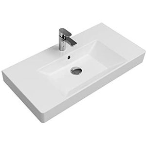 Aqua Bagno | Universele wastafel met plank, moderne keramische wastafel in wit, hangende wastafel 90 cm breed