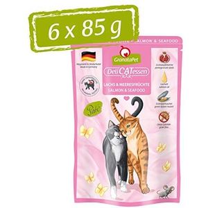 GranataPet DeliCatessen zalm & zeevruchten, natte voer voor je kat, voedsel voor katten zonder granen en zonder toegevoegde suikers, lekker en gezond voer voor gourmets, 6 x 85 g blikken