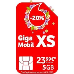 Vodafone GigaMobil XS Mobiele telefooncontract, nu 5 GB gegevensvolume, extra 24 x 20% tariefkorting, 5G-netwerk, telefoon, sms-flat, EU-roaming