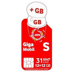 Vodafone GigaMobil S, mobiele contract, 20% korting en 12 Plus 3 GB extra datavolume, 5G en 4G LTE netwerk, telefoon en sms-flat in het Duitse netwerk