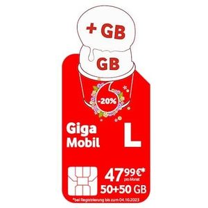 Vodafone Mobiele contract GigaMobil L | Nu dubbel gegevensvolume 100 GB in plaats van 50 GB | extra 24 x 20% tarief | 5G-netwerk | EU-roaming | telefoon- sms-flat naar het Duitse netwerk