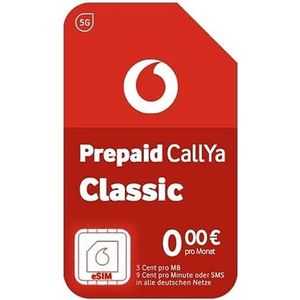 Vodafone CallYa Classic prepaid eSIM | 10 euro starttegoed I zonder contract | 5G-netwerk | 9 karaat per min/sms