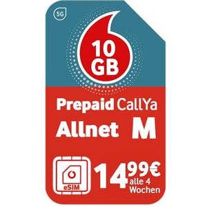 Prepaid CallYa M eSIM, permanent gegevensvolume van 10 GB, 15 euro starttegoed, maandelijks opzegbaar, 5G-netwerk, telefoon, sms-flat, EU-roaming, inclusief
