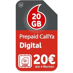 Vodafone CallYa Prepaid Digitale SIM-kaart - Zomeractie - 40 GB in plaats van 20 GB gegevensvolume - 5G-netwerk - SIM-kaart zonder contract - 1e maand gratis - Telefoon- en sms-flats
