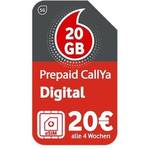 Vodafone CallYa Prepaid digitale simkaart, zomeractie, 40 GB in plaats van 20 GB datavolume, 5G-netwerk, simkaart zonder contract, 1e maand gratis, telefoon- en sms-flats