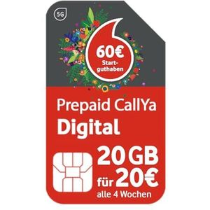 Vodafone CallYa Digital Prepaid | Black Week Actie: 60 euro starttegoed | 20 GB in plaats van 15 GB | 5G-netwerk | SIM-kaart zonder contract | Telefoon en sms
