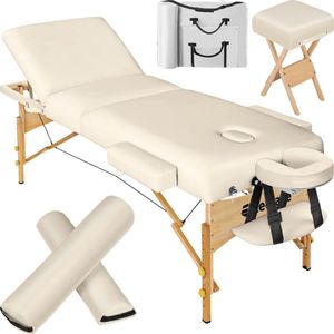 tectake® - Massagetafel matras van 10 cm hoog en houten frame + rolkussens, draagtas en kruk - beige - 400187