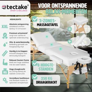 tectake® - Massagetafel matras 10 cm hoog en houten frame + rolkussens, draagtas en kruk - wit - 400186